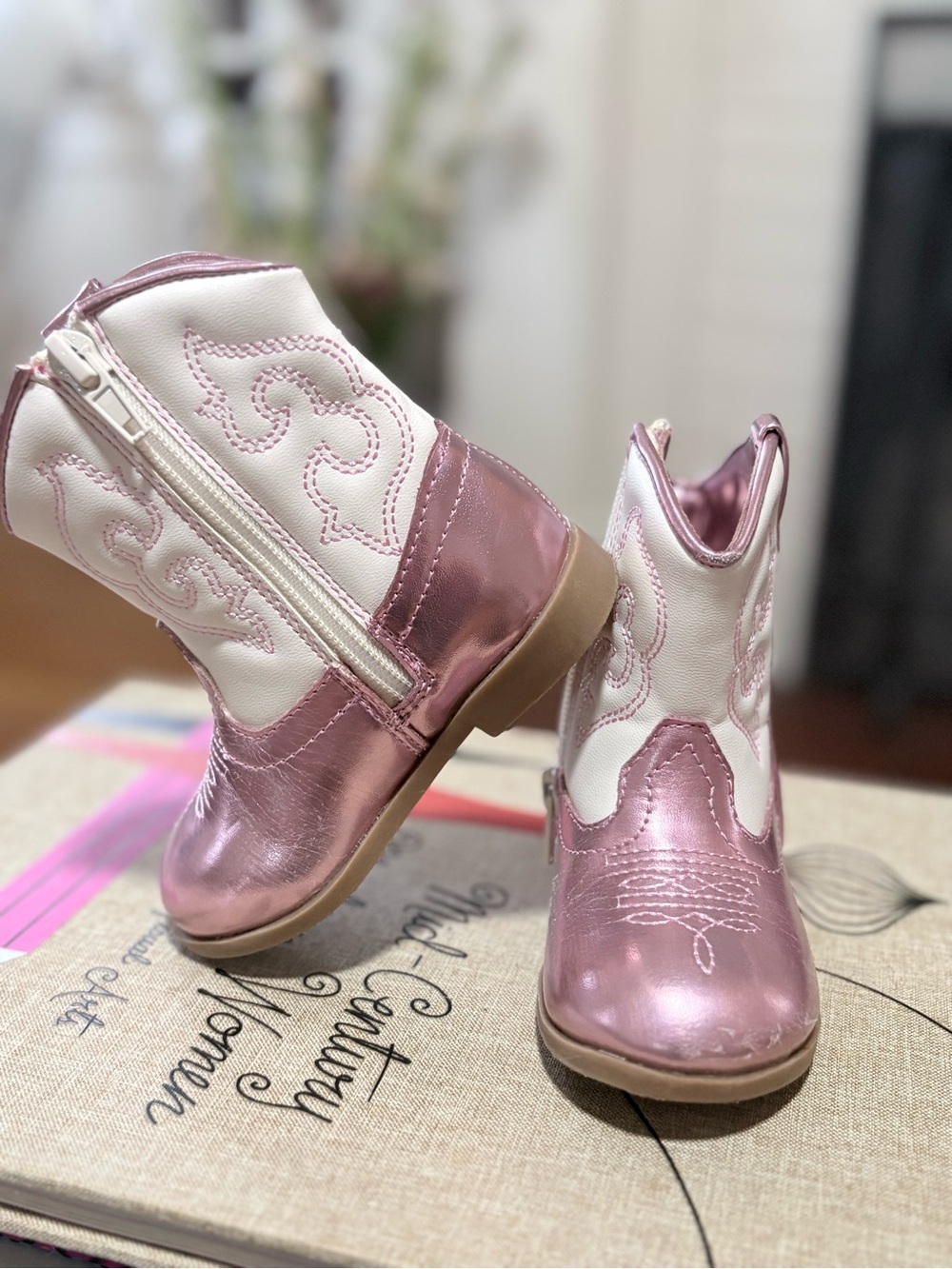 Harper Canyon Metallic Pink and White Kids Western Boots with Side Zip